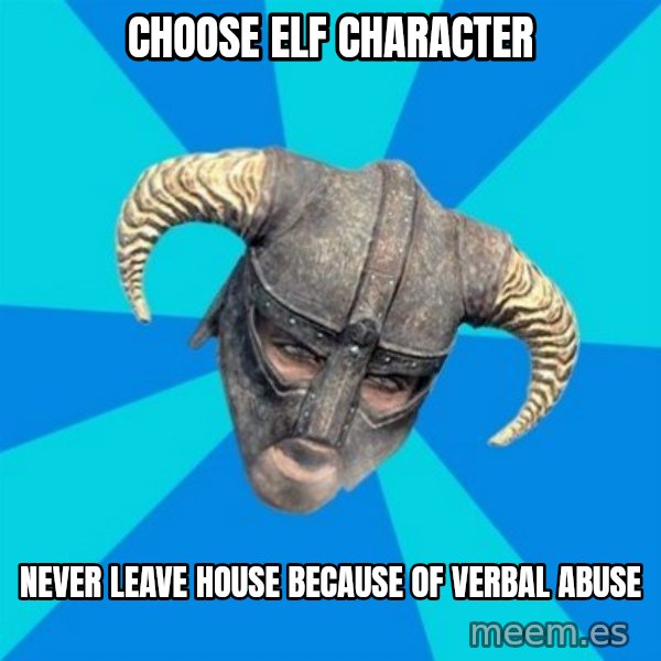 skyrim stan meme: choose elf character / never leave house because of verbal abuse