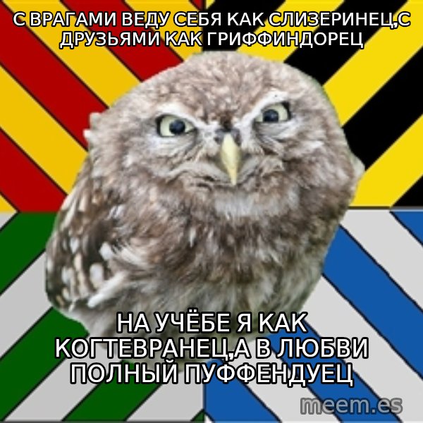 JEALOUS POTTEROMAN meme: с врагами веду себя как слизеринец,с друзьями как гриффиндорец / на учёбе я как когтевранец,а в любви полный Пуффендуец