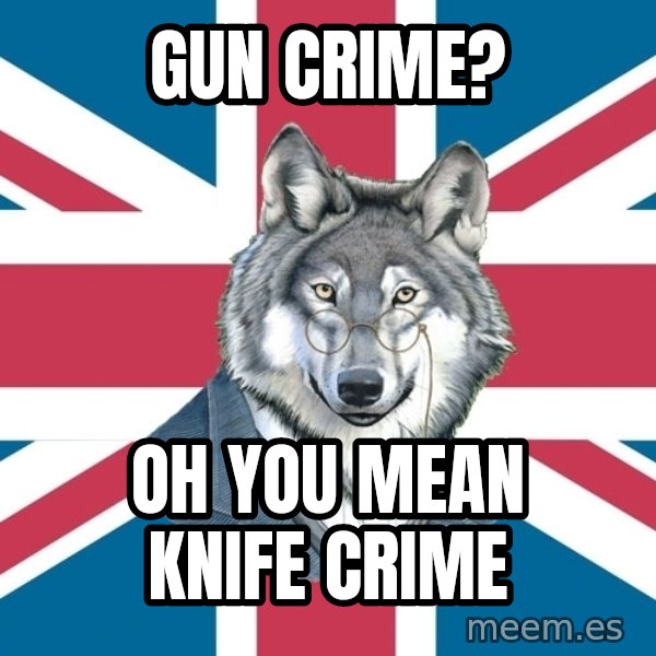 Sir Courage Wolf Esquire meme: Gun Crime? / oh you mean knife crime