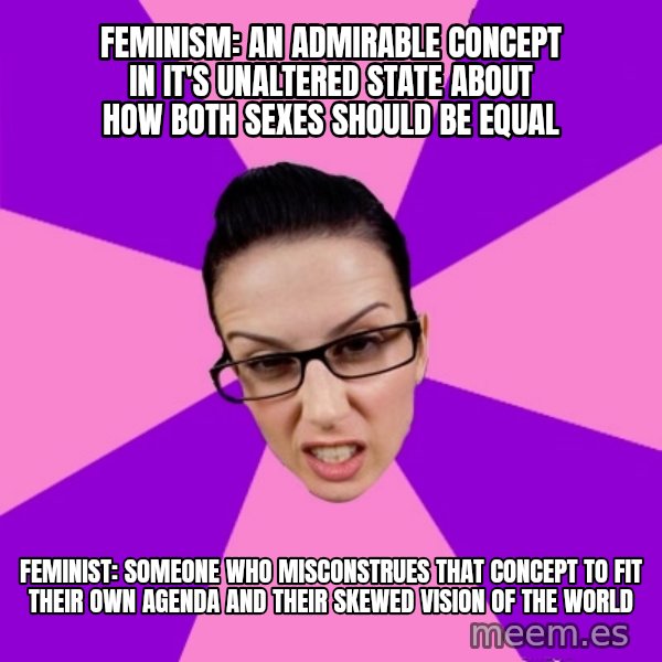 Privilege Denying Feminist meme: Feminism: an admirable concept in it's unaltered state about how both sexes should be equal / feminist: someone who Misconstrues that concept to fit their own agenda and their skewed vision of the world
