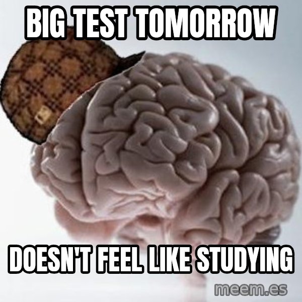 Scumbag Brain meme: Big test tomorrow / Doesn't feel like studying