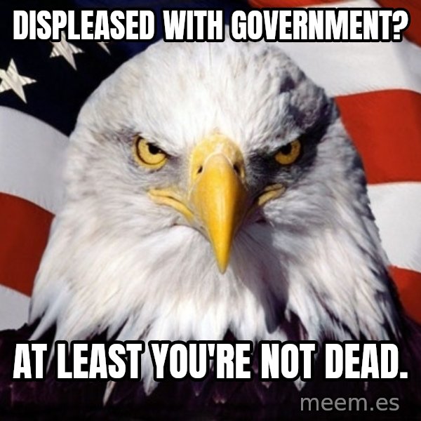 American Pride Eagle meme: displeased with government? / AT least you're not dead.