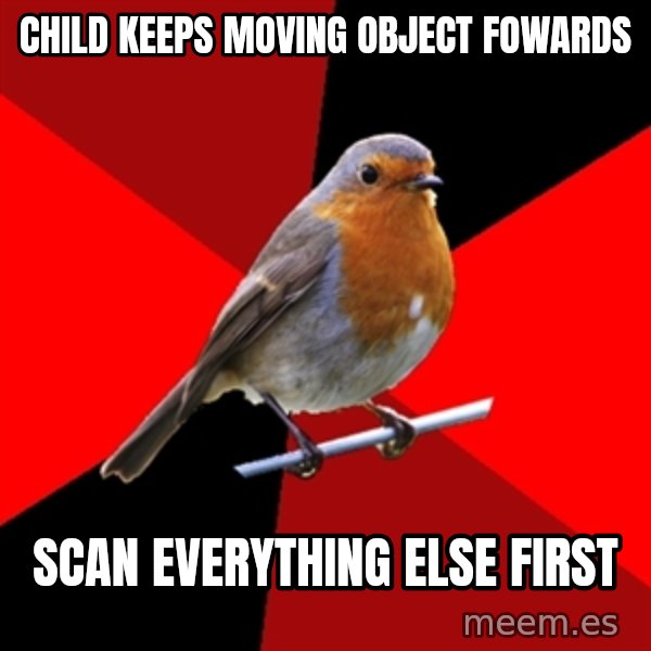 Retail Robin meme: Child Keeps Moving OBJECT Fowards / Scan Everything Else First