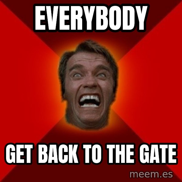 Angry Arnold meme: everybody / get back to the gate