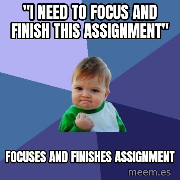 Success Kid meme: "I Need to Focus and finish this assignment" / Focuses and Finishes assignment