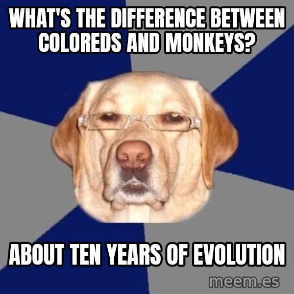 Racist Dawg meme: What's the difference between coloreds and monkeys? / about ten years of evolution