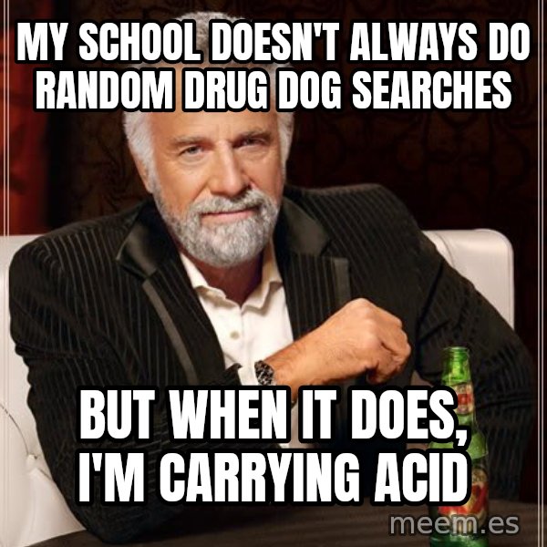 The Most Interesting Man In The World meme: My school Doesn't always do random drug dog searches / but when it does, I'm carrying acid