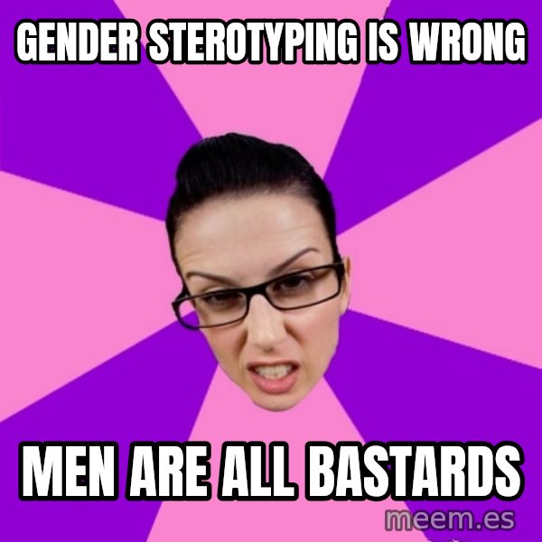 Privilege Denying Feminist meme: Gender sterotyping is wrong / MEN are all bastards