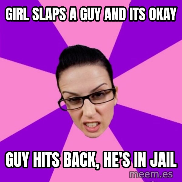 Privilege Denying Feminist meme: GIrl slaps a guy and its okay / Guy hits back, he's in jail