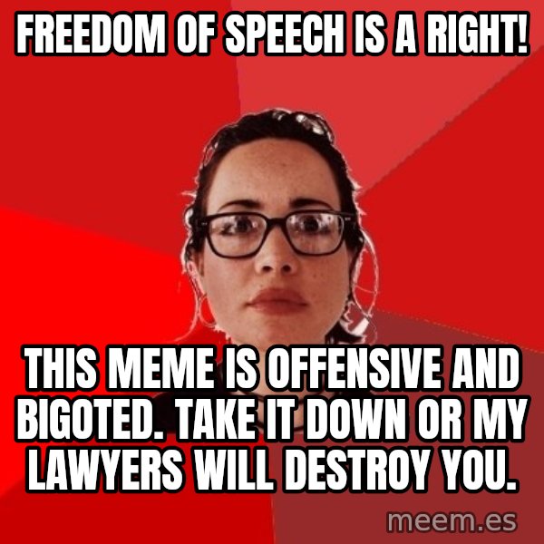Liberal Douche Garofalo meme: freedom of speech is a right! / This meme is offensive and bigoted. take it down or my lawyers will destroy you.