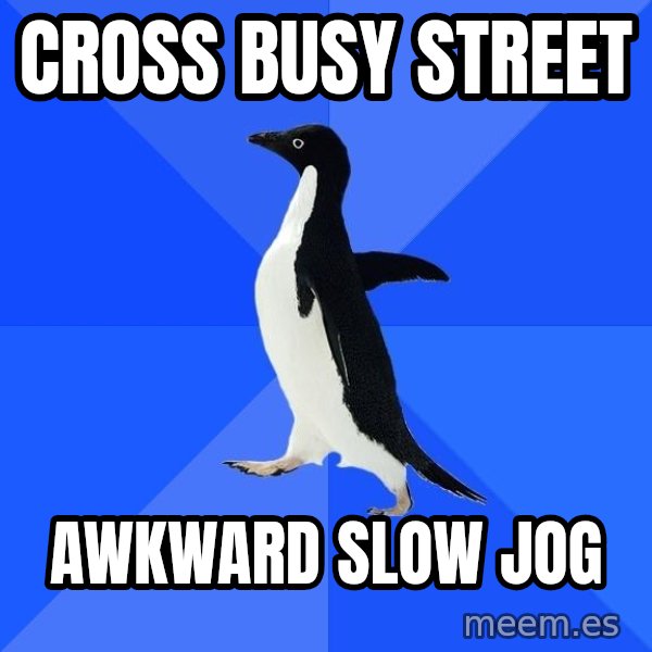 Socially Awkward Penguin meme: cross busy street / awkward slow jog