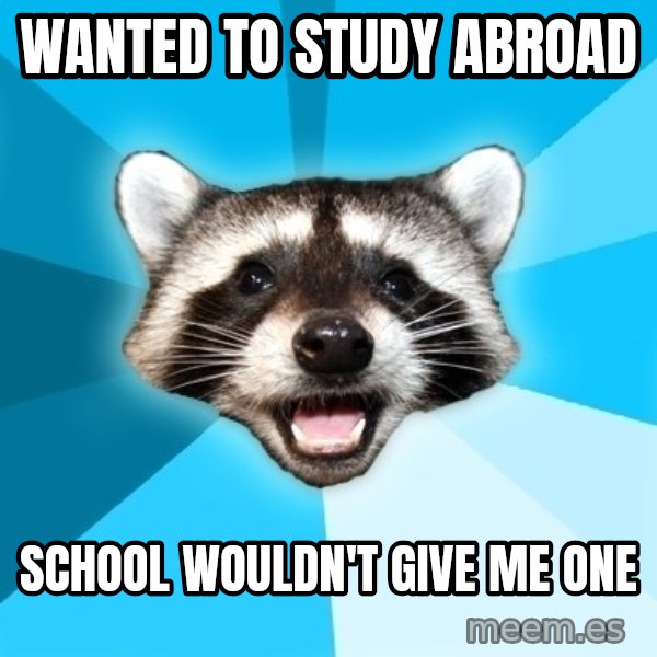 Lame Pun Coon meme: Wanted to study abroad / school wouldn't give me one