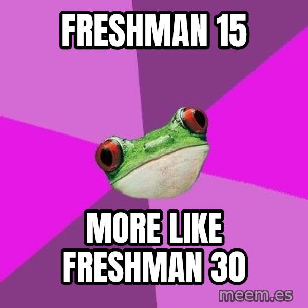 Foul Bachelorette Frog meme: Freshman 15 / More like freshman 30