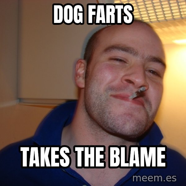 Good Guy Greg meme: dog farts / takes the blame