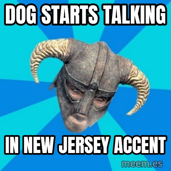 skyrim stan meme: DOG STARTS TALKING / In new jersey accent