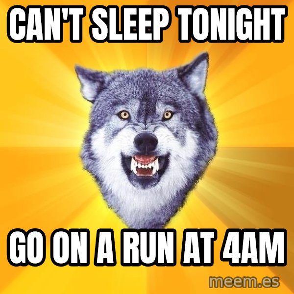Courage Wolf meme: can't sleep tonight / go on a run at 4am