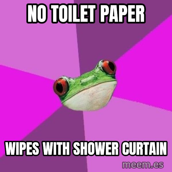 Foul Bachelorette Frog meme: no toilet paper / wipes with shower curtain