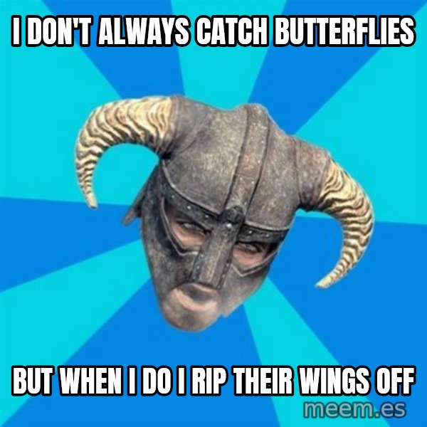 skyrim stan meme: I don't always catch butterflies / but when i do i rip their wings off