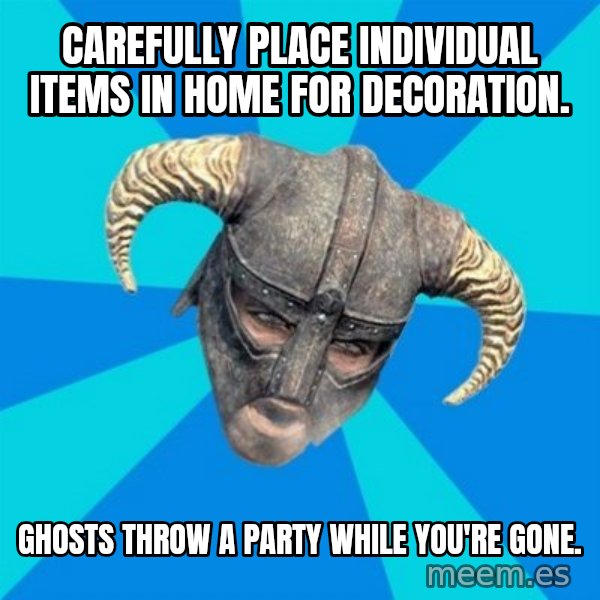 skyrim stan meme: Carefully place individual items in home for decoration. / ghosts throw a party while you're gone.