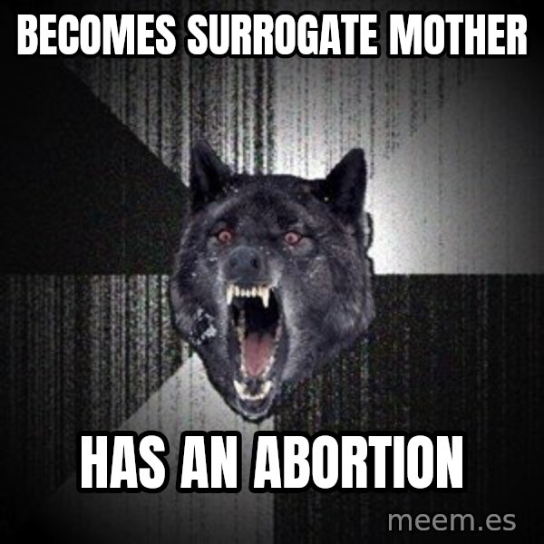 Insanity Wolf meme: bECOMES SURROGATE MOTHER / HAS AN ABORTION