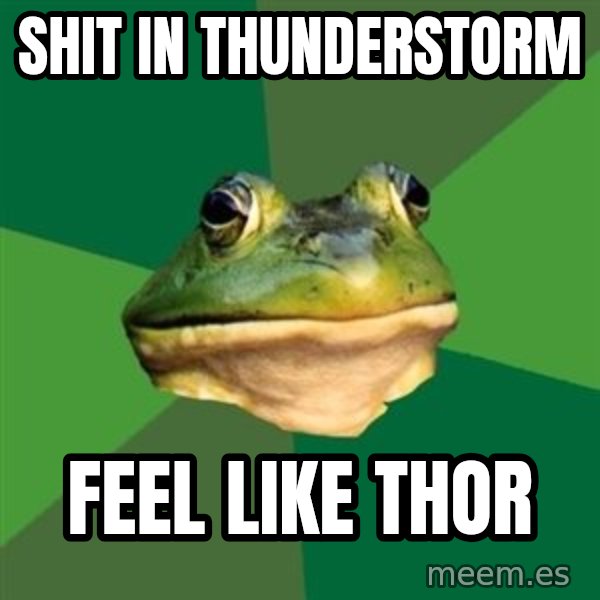 Foul Bachelor Frog meme: Shit in Thunderstorm / Feel like Thor