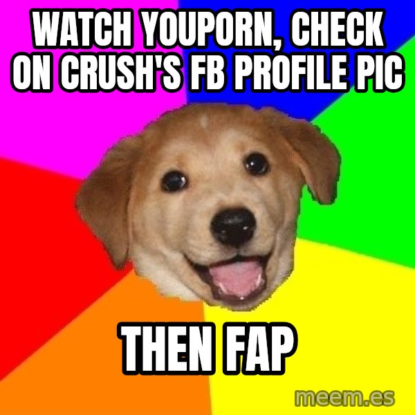 Advice Dog meme: watch youporn, check on crush's fb profile pic / then fap