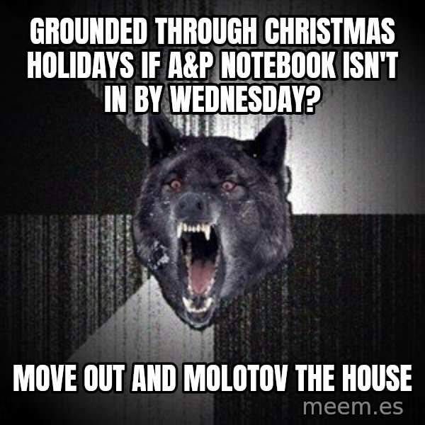 Insanity Wolf meme: Grounded through christmas holidays if a&p notebook isn't in by wednesday? / Move out and Molotov the house