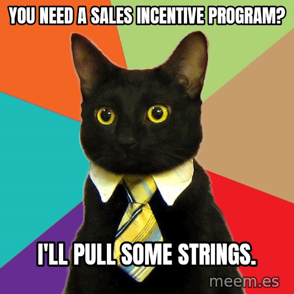 Business Cat meme: You need a sales incentive program? / I'll pull some strings.