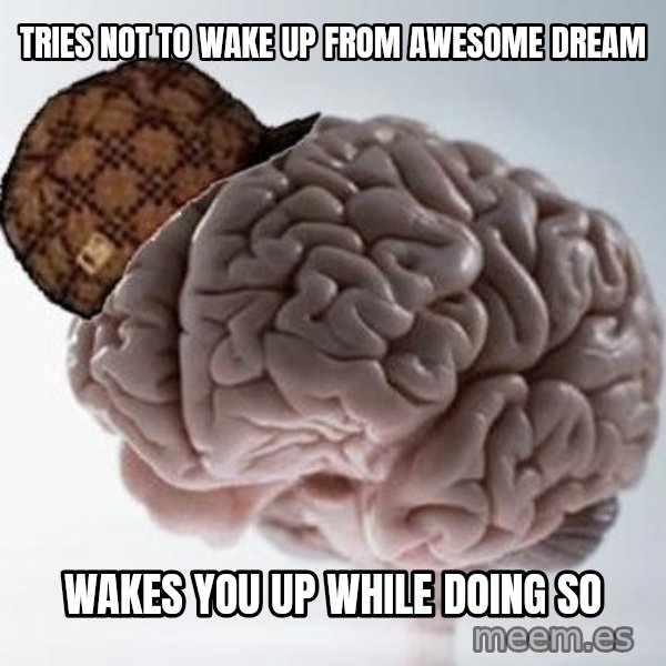 Scumbag Brain meme: tries not to wake up from awesome dream / wakes you up while doing so