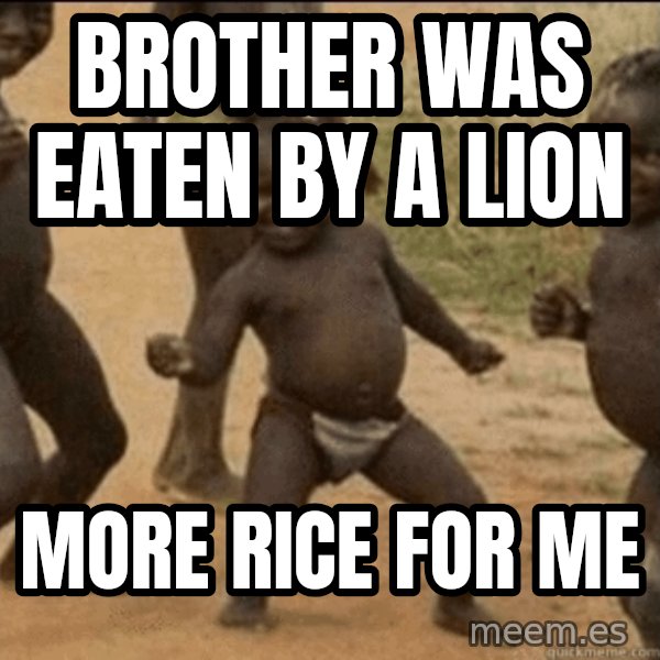 Third World Success meme: brother was eaten by a lion / more rice for me