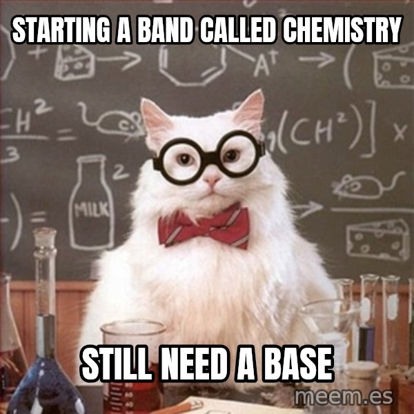 Science Cat meme: starting a band called chemistry / still need a base