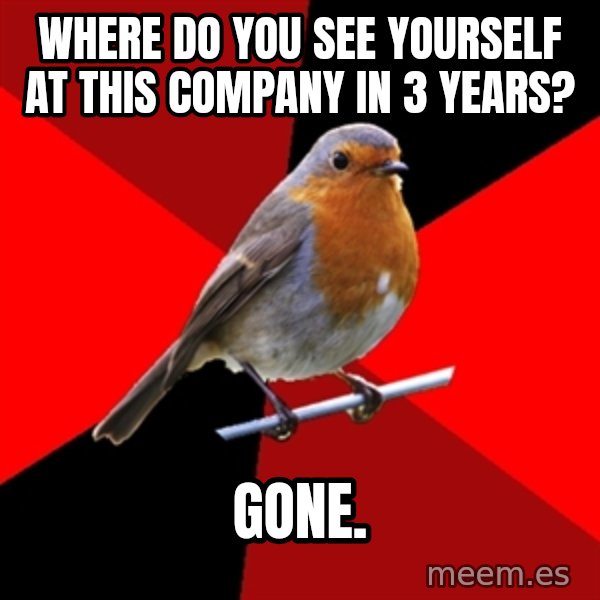 Retail Robin meme: Where do you see yourself at this company in 3 years? / Gone.