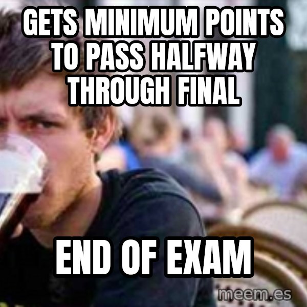 The Lazy College Senior meme: Gets minimum points to pass halfway through final / end of exam