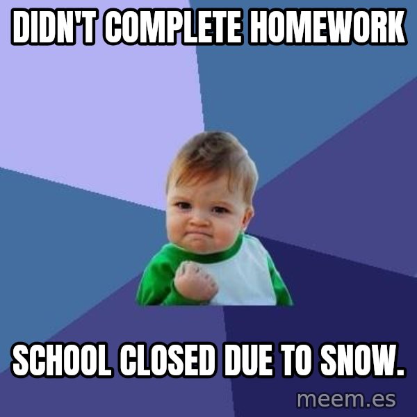 Success Kid meme: DIDN'T COMPLETE HOMEWORK / SCHOOL CLOSED DUE TO SNOW.