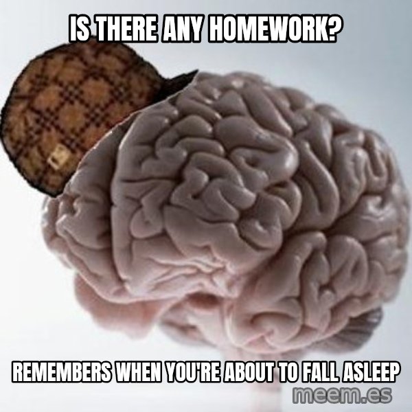 Scumbag Brain meme: Is there Any Homework? / Remembers when you're about to fall asleep