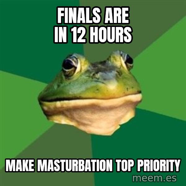Foul Bachelor Frog meme: FInals are in 12 hours / make masturbation top priority