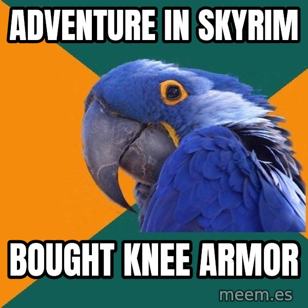 Paranoid Parrot meme: adventure in skyrim / bought knee armor