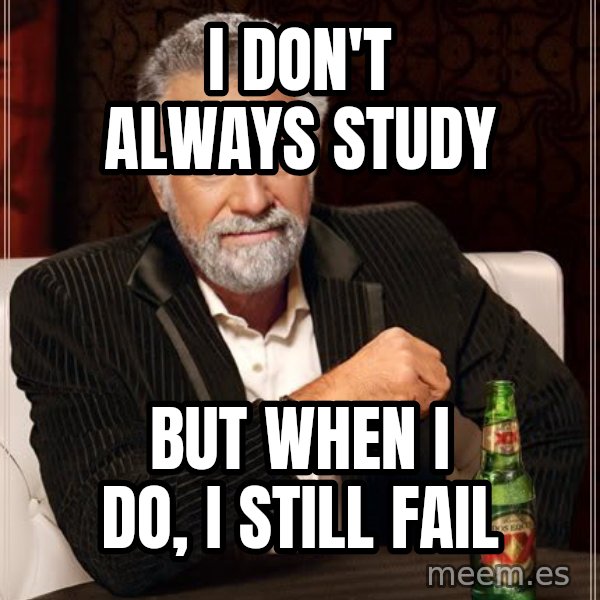 The Most Interesting Man In The World meme: i don't always study / but when i do, i still fail