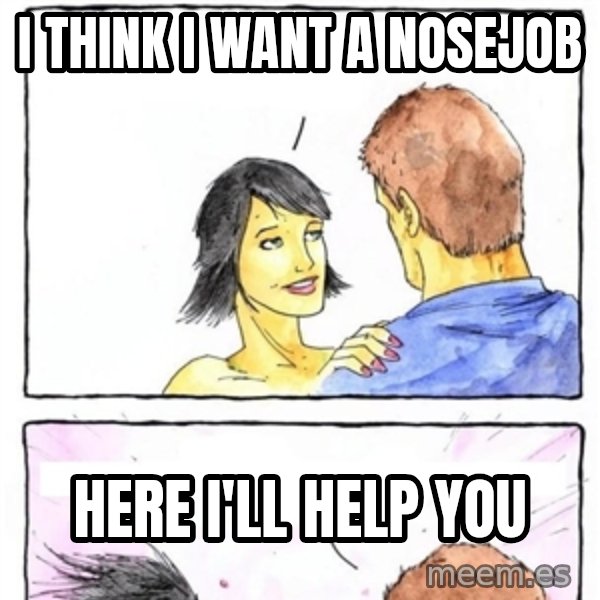 Alpha Boyfriend meme: i think i want a nosejob / here i'll help you