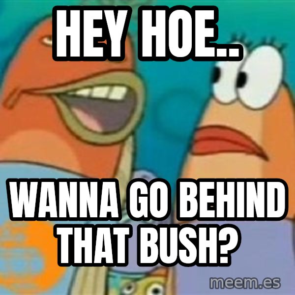 Spongebob meme: Hey hoe.. / wanna go behind that bush?