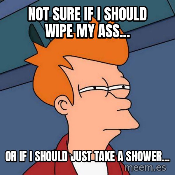 Futurama Fry meme: NOT SURE IF I SHOULD WIPE MY ASS... / OR IF I SHOULD JUST TAKE A SHOWER...