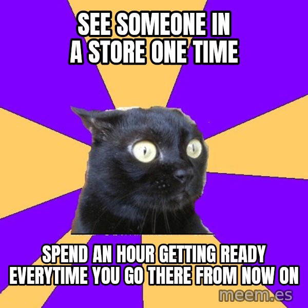 Anxiety Cat meme: See someone in a store one tIme / Spend an hour Getting readY everytime you go there from now on