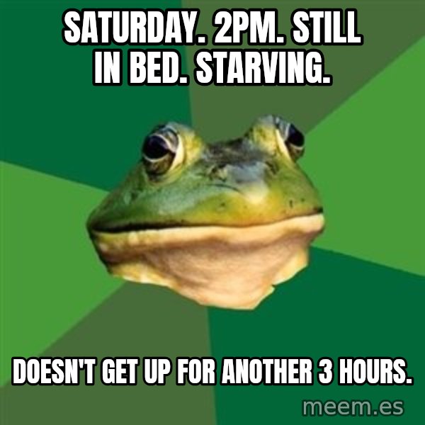 Foul Bachelor Frog meme: saturday. 2pm. still in bed. starving. / doesn't get up for another 3 hours.