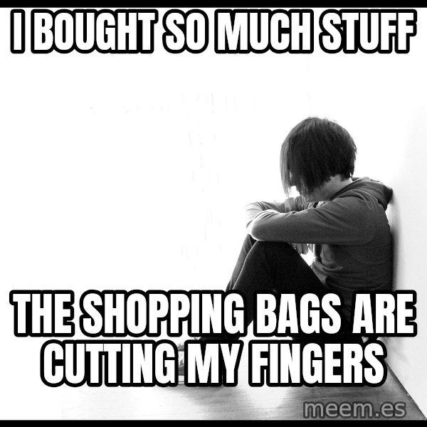 First World Problems meme: I bought so much stuff / the shopping bags are cutting my fingers
