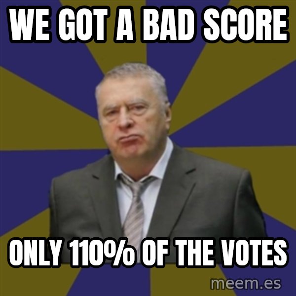 Vladimir Zhirinovsky meme: we got a bad score / only 110% of the votes