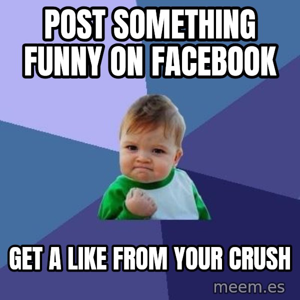 Success Kid meme: post something funny on facebook / get a like from your crush