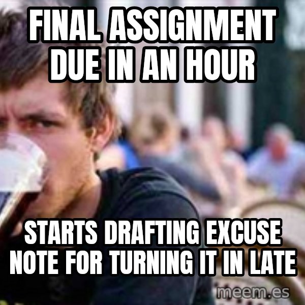 The Lazy College Senior meme: final assignment due in an hour / starts drafting excuse note for turning it in late