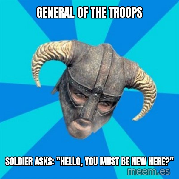 skyrim stan meme: General Of THe Troops / Soldier asks: "Hello, You must be new here?"