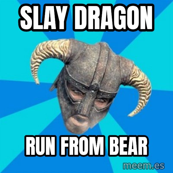 skyrim stan meme: Slay dragon / run from bear