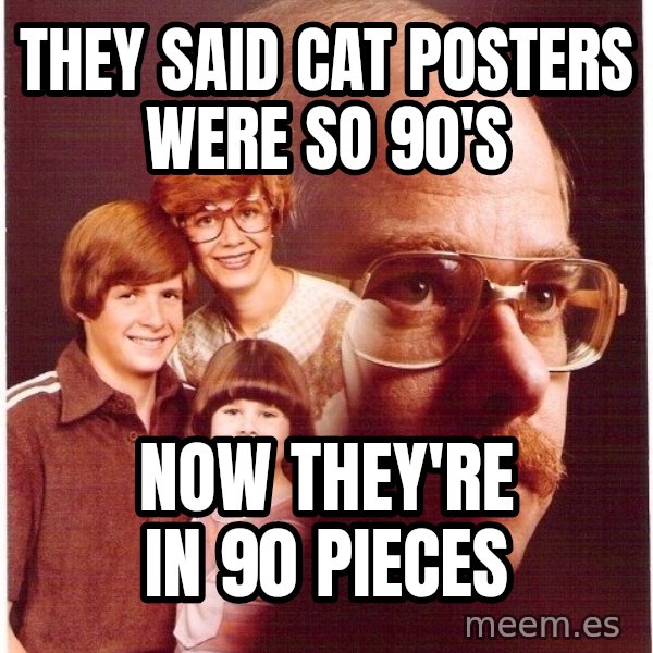 Vengeance Dad meme: they said cat posters were so 90's / now they're in 90 pieces